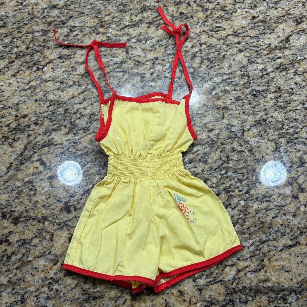Vintage Polar Infantswear Yellow ABC Smocked Sunsuit Romper Red Trim 2T USA Made